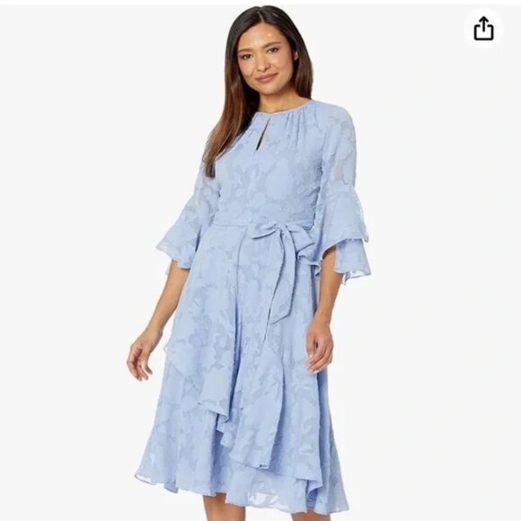 Tahari Arthur S. Levine Light Blue Floral Ruffle Sleeve Belted Midi Dress P7061 - Picture 1 of 10
